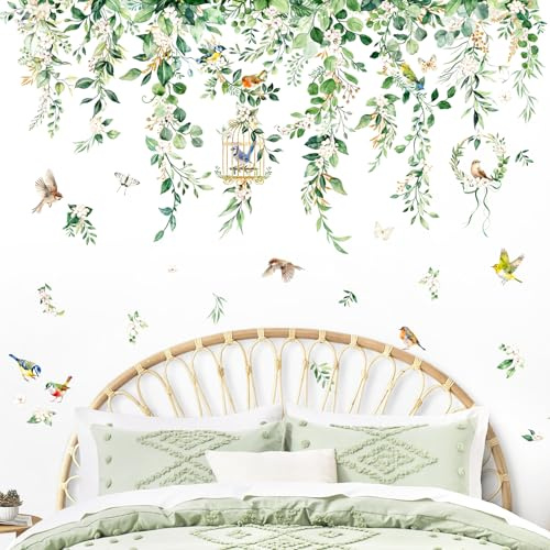Supzone Hanging Vine Leaves Wall Stickers Eucalyptus Flower Leaf Plants Wall Decals Green Wall Art Decor for Living Room Bedroom Sofa TV Background Decor