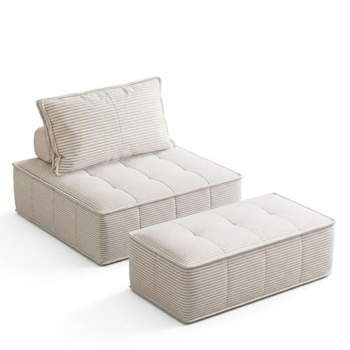 Modulares Bodensofa Set mit Hocker, Kordsamt Lounge Sessel, Ergonomisches Lazy Sofa ohne Montage, Weiche Relaxliege für Erwachsene & Kinder, Beige