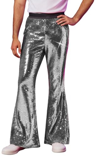 Glitzer Hose Herren Schlaghose Glitzerhose Metallic Hose Lang 70er 80er Disco Paillettenhose Party Outfit Silberne Glitzer Jogger Pailetten Hosen Nachtclub Karneval Kostüm