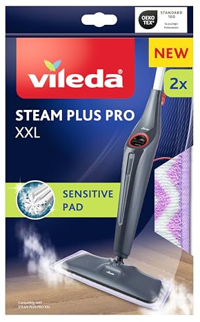 Vileda Steam Plus Pro XXL Sensitive Cleaning Pads, Pack of 2 | Heat-resistant layer, Suitable for Sealed Hard Floor Types, Genuine Vileda Mop Head Replacements, Machine Washable