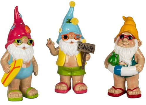 formano 3er Set Gartenzwerge lustige Gartendeko Figuren aus Kunststein handbemalt 24 cm Gartenfiguren mit glänzender Oberfläche für Garten Terrasse Balkon, dekorative Outdoor Zwerge