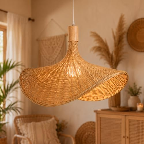 Bambus Hängeleuchten mit Vintage-hut, Lampenschirm Beige 50cm, E27-Fassung | Verdicketer Rand und natürliche Optik Pendelleuchten für Essbereich, Wohnzimmer, Schlafzimmer, Café oder Ferienunterkunft.