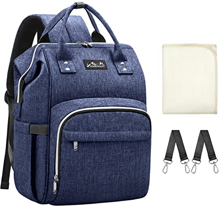 Viedouce Baby Wickelrucksack Wickeltasche Babytasche,Wasserdicht Oxford Große Kapazität für ausgehen,Multifunktional zum Rucksack mit 1 Stück Wickelauflage und 2 Kinderwagengurten, Blau