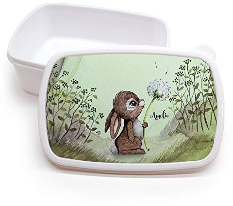 ilka parey wandtattoo-welt Lunchbox Brotdose weiß Hase Häschen mit Pusteblume im Wald & Wunschname Geschenk Einschulung Kindergarten LBr14