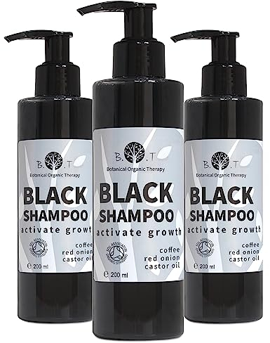 B.O.T cosmetic & wellness - Schwarzes Koffein-Shampoo | Anti-Haarausfall | Förderung Haarwuchs | Anti-Schuppen | Reguliert Kopfhautölfettigkeit, Schwarz, 200 ml (3er Pack)