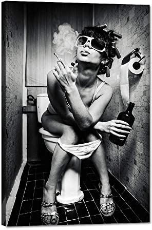 Modern Fashion Sexy Woman Canvas Art Smoking Lady Sitting in A Toilet with An Alcohol Bottle Painting Prints on Black and White Posters for Bathroom Bedroom Decor, Framed 12''L x 16''W