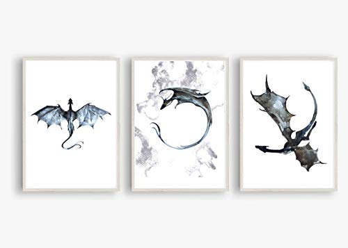 Kunstdruck Din A4 ohne Rahmen - 3-teilig Drache Drachen Dragon Fantasy Aquarell Blau Grau Poster Bild