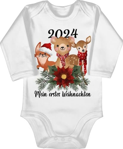 Baby Body langarm Mädchen Junge - Geschenke Christmas - 2025 Mein erstes Weihnachten mit süßen Tieren - schwarz - 3/6 Monate - Weiß - 2022 first weihnachtsstrampler weihnachtsmotiv 1.weihnachten
