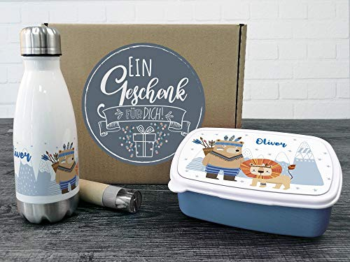 GRAZDesign Brotdose und Trinkflasche Set für Jungen | Indianer Bär Motiv | personalisierte Lunchbox mit Trennwand Wasserflasche Edelstahl 350ml | Geschenk zur Einschulung