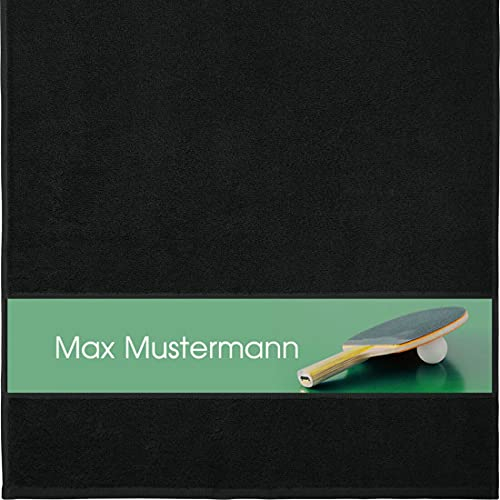 Manutextur Handtuch Mit Namen - Personalisiert - Tischtennis Motiv - Viele Farben - Dusch-Handtuch - Schwarz - Größe 50x100 cm - Persönliches Geschenk Mit Wunsch-Name