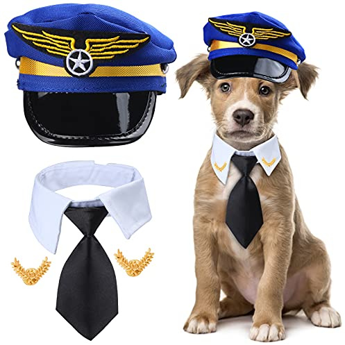 Yewong 3-teiliges Haustier-Kapitän Piloten-Kostüm-Zubehör-Set für Hunde und Katzen, Pilotenmütze, formelle Krawatte, Halsband, Zubehör für Haustier-Piloten-Kostüm, Halloween-Party (Set-B)
