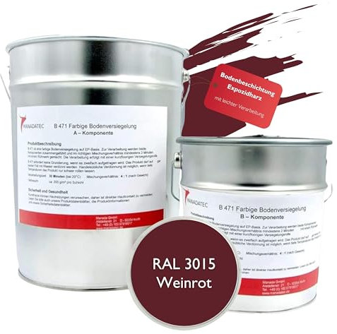 MANADATEC 2k Epoxidharz Bodenbeschichtung 5kg I RAL 3005 Weinrot I Lösemittelfrei, Umweltfreundlich & Geruchsneutral I Beschichtung für Garagen- & Kellerböden I Hohe Schlagfestigkeit