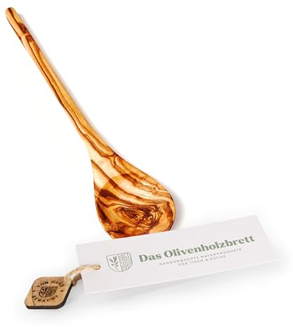 DAS OLIVENHOLZBRETT® Cucchiaio lungo in legno d'ulivo/cucchiaio con testa rotonda e manico rotondo/cucchiaio di legno/cucchiaio per pasta / 35 cm