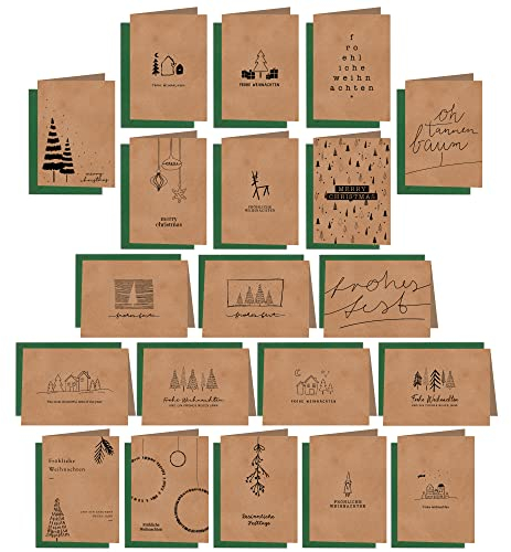 20 Weihnachtskarten als Klappkarten mit 20 Umschlägen dunkelgrün Kraftpapier 20er Katen-Set mit verschiedenen Motiven I Endformat DIN A6 mit schönen Sprüchen I Christmas Cards Grußkarten