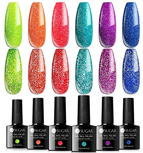 UR SUGAR UV Nagellack Glitzer Neon, 6 Farben Nagellack Neon Glitzer Reflechissant UV Nagelgel Set Funkelnd Gelnägel Farben Farbwechsel Gel Nägel Selber Set Maniküre Geschenkset