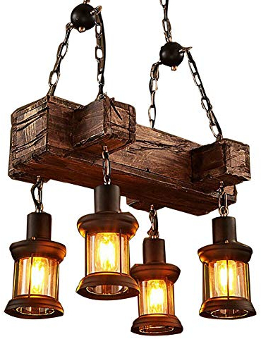 kangten Creativo, lampada a sospensione in legno, stile retrò, a 4 luci, E27, vintage, per cucina, bar, soggiorno