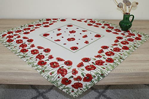Sandner Tischdecke Gobelin Mohnwiese 100 x 100 cm Decke Tischtuch Tischdekoration, 1 Stück, Beige, Grün, Rot
