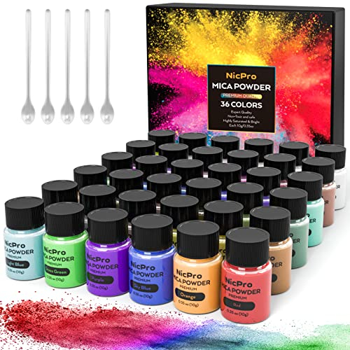 Nicpro Glimmerpulver für Epoxidharz, 36 Farben, kosmetisches Glimmerpulver zur Seifenherstellung, Badebombe, ungiftiges Pigment für Harzfarbe, Körperbutter, Lipgloss, Nägel, Basteln (10 g pro Glas)