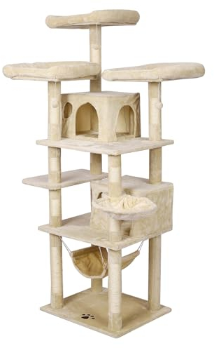 Wiltec Kratzbaum Beige mit Pfotenmotiv 172 cm, Katzenkratzbaum mit Plattformen und Katzenhäuser, Katzenbaum mit Hängematte, Kletterbaum für Katzen