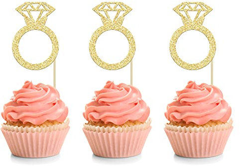 24Pcs Gold Glitter Diamond Ring Donut Toppers Cupcake Picks Wedding Cake Decorations for Bridal Shower Wedding Engagement Party Decorations