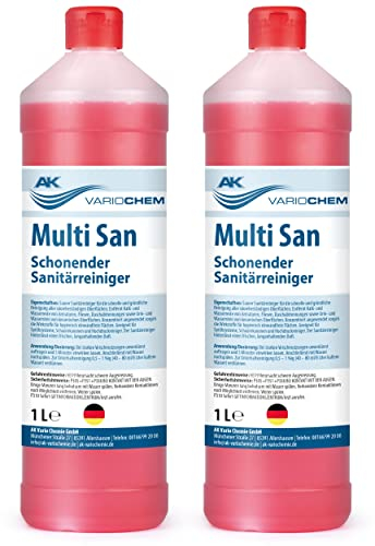 Sanitärreiniger und Kalklöser - Multi San 2x 1L - Profi-Badreiniger für den täglichen Gebrauch - SCHONEND - angenehmer Duft - für Waschbecken, Armaturen & Oberflächen - AK VARIOCHEMIE Made in Germany