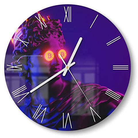 DEQORI Glasuhr | rund Ø 30 cm | Motiv Apollo als Bitcoin-König | ausgefallene leise Design Uhr aus Glas | Wanduhr für Wohnzimmer & Küche | Moderne Hingucker Uhr für die Wand