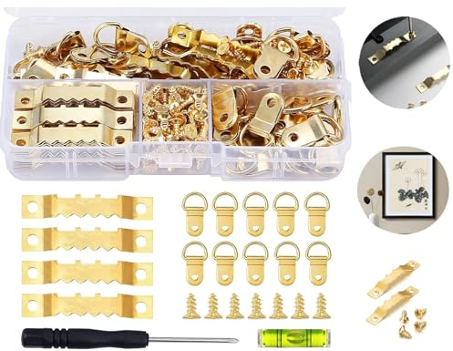 QINGHEC 252 Stück Bilderhaken Bildaufhänger Set, Bilderrahmen Aufhänger Gold, Zackenaufhänger für Bilder mit Schrauben, Bilder Haken Aufhängung Wand für Haus Büro Foto Bild Malerei Hängen