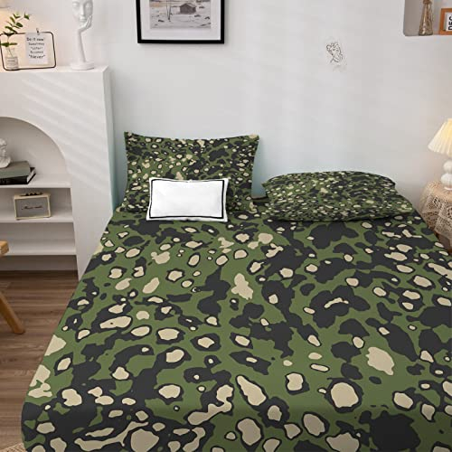Leopardenmuster Spannbettlaken 180x200cm, Spannbetttuch Camouflage Muster, Weiche Mikrofaser Boxspringbett Bettlaken geeignet für Matratzen von 30 cm Mit 2 Kopfkissenbezug 80x80 cm