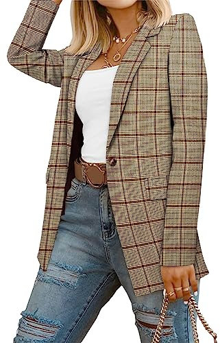 CRAZY GRID Damen Business Casual Blazer mit gefütterten professionellen Arbeitsanzug Jacke mit Taschen, 1-braun kariert - normale Größe, S