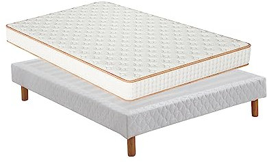 TEENO-Matelas 160 x 200 en Mousse + Sommier 160 x 200 tapissier volige + 4 Pieds et 26 Lattes, Maintien Parfait pour Un Matelas Double Face hautement élastique, Ultra-Respirant