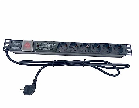 Steckdosenleiste Stromverteiler mit Schalter, 6-Fach Schutzkontaktsteckdose, 1,8 m Zuleitung, 19“ Zoll Steckdosenleiste, 1HE, Rack, Schuko