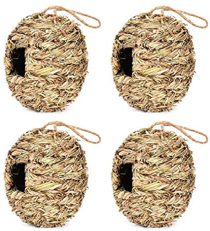 Fxndknjks Vogelnest zum Aufhängen, für den Außenbereich, aus Kugel, handgewebt, aus Naturrasen, ideal für Garten, Terrasse, 4 Stück