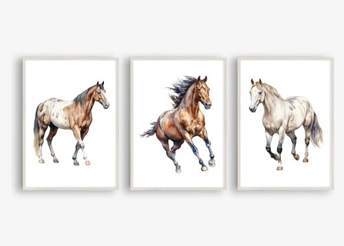 Din A4 Kunstdruck ohne Rahmen 3er Set - Pferde - Pferd Pferdeliebe Reiten Reitsport - Aquarell - Bild Poster Druck