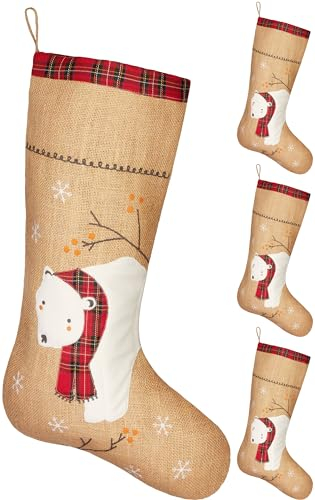 BRUBAKER 52 cm Weihnachtsstrumpf zum Befüllen und Aufhängen - Eisbär mit Schal - 4er Set großer Nikolausstrumpf für Weihnachten und Nikolaus - Weihnachtsdeko Strümpfe Weihnachtssocke aus Jute
