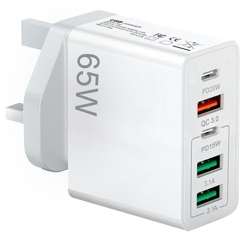 USB C Charger Plug,65W 5-Port Fast Charger Plug 20W PD Power Adapter QC 3.0 Wall Charger for Samsung Galaxy, Huawei, Tablet (White)