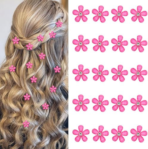 YISSION Lot de 20 mini pinces à cheveux en forme de fleur rose vif avec strass - Jolies pinces à cheveux décoratives pour mariage - Accessoires de cheveux pour filles et femmes