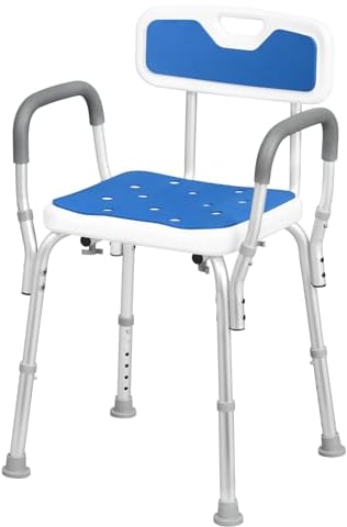 EUGAD Chaise de Douche, Tabouret de Douche, Siège Ergonomique, Hauteur Réglable, avec Dossier et Accoudoirs, Pieds Antidérapants, Cadre en Aluminium, Blanc+Bleu