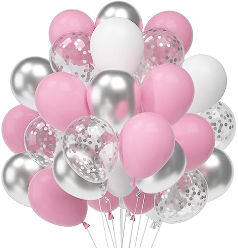 60 Luftballons Rosa Weiß Silber, 12in Silber Konfetti Latex Ballons, Pastell Rosa Weiß Luftballons, Metallic Silber Helium Balloons für Geburtstag Valentinstag Hochzeit Graduierung Feier Party