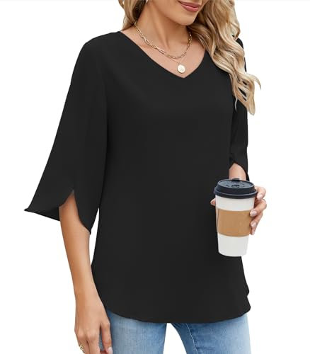 Zetieny Camicia da Donna Scollo a V Bluse Elegante di 3/4 Manica Tinta Unita Tops Casual Estiva Traspirante