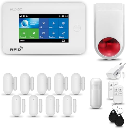 HUXGO® HXA006 Funk Alarmanlage Set WiFi + GSM mit Alarmsirene | Alarm System mit Bewegungsmelder, 9X Fensteralarm/Türsensoren | Alarmanlage fürs Haus, Wohnung, Wohnmobil | Smart Home
