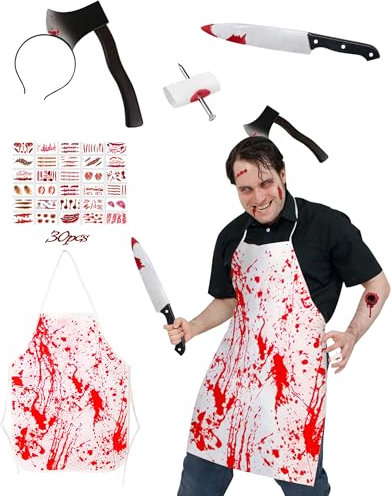 BIQIQI Deguisement Boucher Halloween Homme, Deguisement Halloween, Costume Boucher Halloween, Halloween Accessoire avec Tablier Halloween, Couteau Sang, Bandeau de Hache, Halloween Fausse Cicatrice