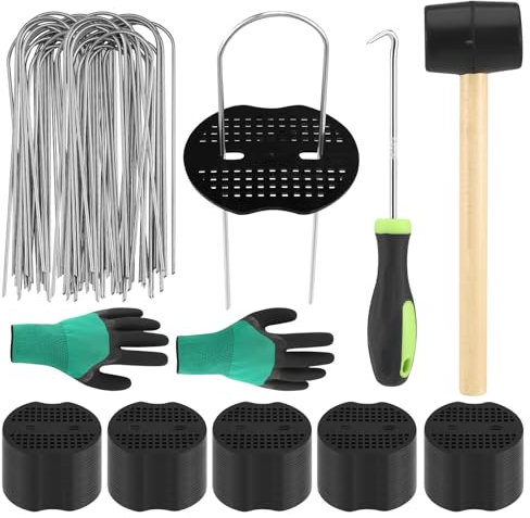 Neulriscn Weed Membrane Pegs, 100 Pack Galvanized Ground Pegs with Pick Hook, 100 Buffer Washers, 6 Inch Metal Garden Pegs Fence Stakes Artificial Grass Pins for Netting, Weed Fabric Cover, Tent