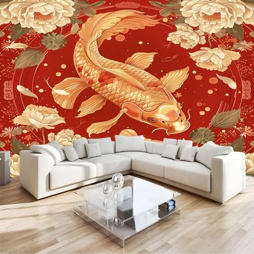 Fototapete Kinderzimmer Wandtapete Pfingstrose Blume Koi rot Tapete 250 x 175 cm Vliestapete Wandbild 3D Art Effekt Moderne Wanddeko Schlafzimmer Büro Flur