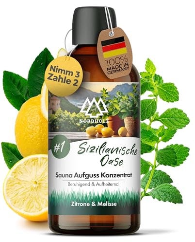 NORDHOLZ® Saunaaufguss [54 Sorten 15ml, 100ml, 250ml] - Sauna Aufgussmittel für intensive & erholsame - Sauna Zubehör (#1 Sizilianische Oase, 100ml)