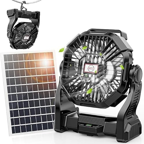 Art In Real 10400mAh Solar Powered Fan, Portable Solar Fan with LED Lantern, Camping Fan with 7W Solar Panel, Stepless Speed Battery Powered Fan for Travel, Camping,Office,Outdoor&Indoor