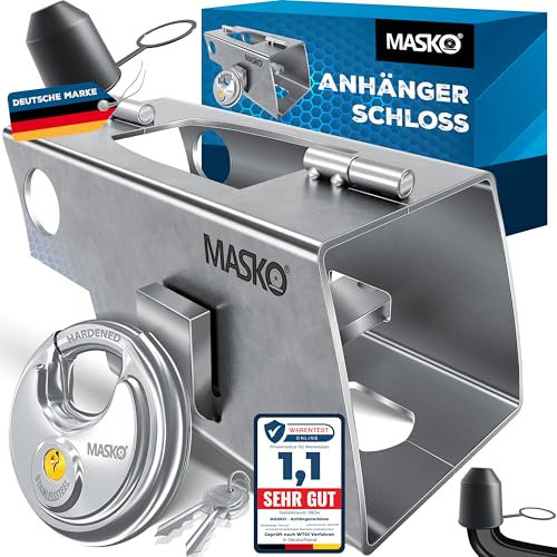 MASKO® Anhängerschloss mit Scharniersystem für Angekoppelte & Abgekoppelte Anhänger | Anhänger Schloss Diebstahlschutz Wohnwagen Kastenschloss inkl.Rundbügelschloss, Schlüssel & Schutzkappe, Silber