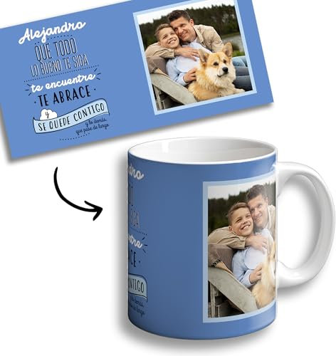 OOPS Taza mug Que Todo lo Bueno te siga te encuentre y te abrace - 350 ml - PERSONALIZADA CON NOMBRE Y FOTO - Taza con Frases motivacionales (Taza con NOMBRE + FOTO, Azul)