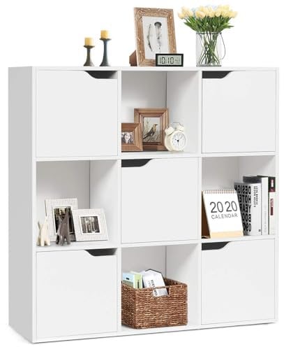 GOPLUS Bücherregal Weiß, Bücherschrank mit 9 Fächern und 5 Türen, Würfelregal Holz mit Kippschutz, Modernes Aufbewahrungsregal Standregal für Wohnzimmer Kinderzimmer, 90 x 29 x 90 cm