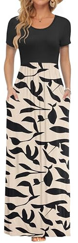 AUSELILY Maxi Dress for Women - Summer Casual Long Dresses for Ladies with Pockets XL Apricot Black Leaves