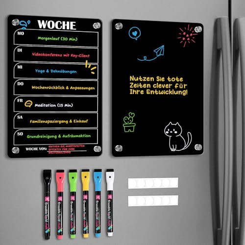 BIROYAL 2 Stück Wochenplaner Abwischbar, Acryl Wochenplaner Magnetisch, Kühlschrank Kalender Magnetisch, Transparent Planungstafeln mit 6 Whiteboard-Stift Haushaltsplan